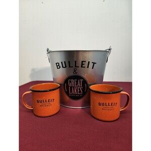 Bulliet Bourbon Collectible Bucket and 2 Enamel Coffee Mugs